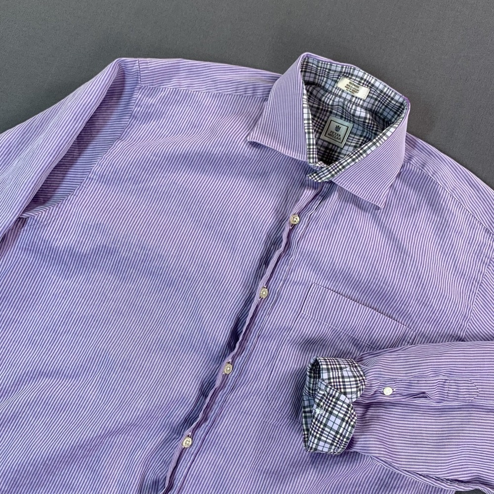 Peter Millar Shirt Men M Purple Stripe Long SLV Button Up Flip Cuff Plaid Collar